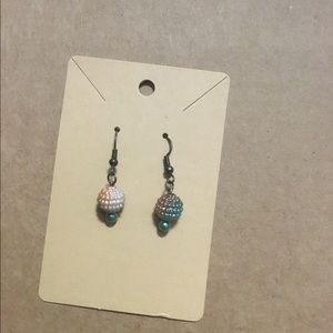 Peach, white, and teal acrylic and glass handmade earrings